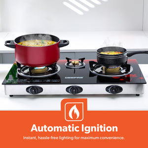 Geepas 3 Burner Gas Cooker GGC31012 |Stainless Steel Frame & Tray, Tempered Glass Top, Iron Burners 100+40+100mm, Auto Piezo Ignition, Low Gas Consumption, 2Year Warranty