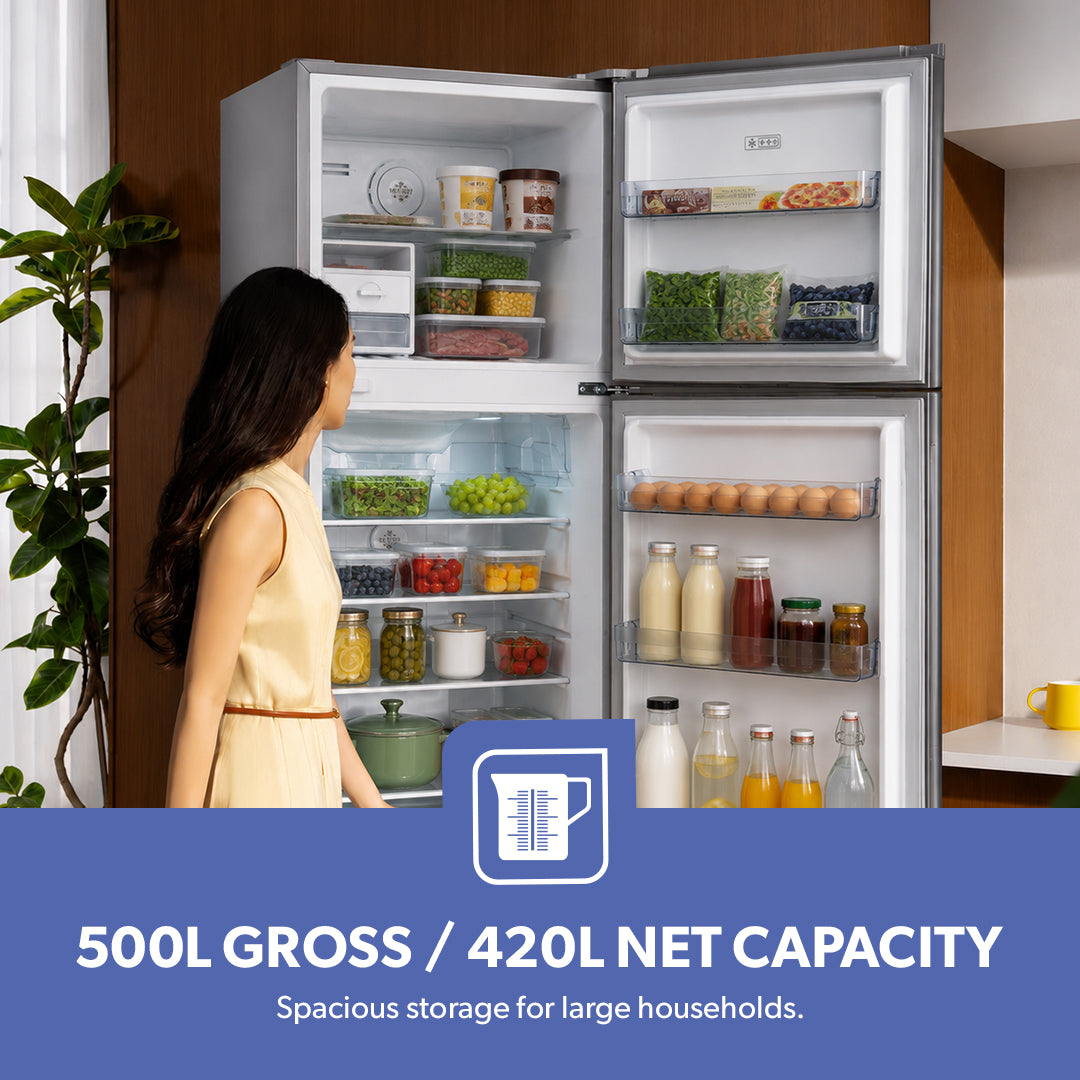 Geepas GRF5109SXHN 500L No Frost Double Door Refrigerator | 420L Net Capacity | Inverter Compressor Technology | Multi Air Flow Cooling |Digital LED Touch Control Panel