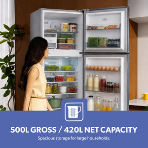 Geepas GRF5109SXHN 500L No Frost Double Door Refrigerator | 420L Net Capacity | Inverter Compressor Technology | Multi Air Flow Cooling |Digital LED Touch Control Panel