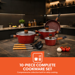 Royalford RF12491 Granite Coated Cookware Set 10 PCS with Lids | Induction Compatible Forged Aluminium Pots, Saucepan, Frypan & Nylon Cooking Tools | Ideal For Daily Use