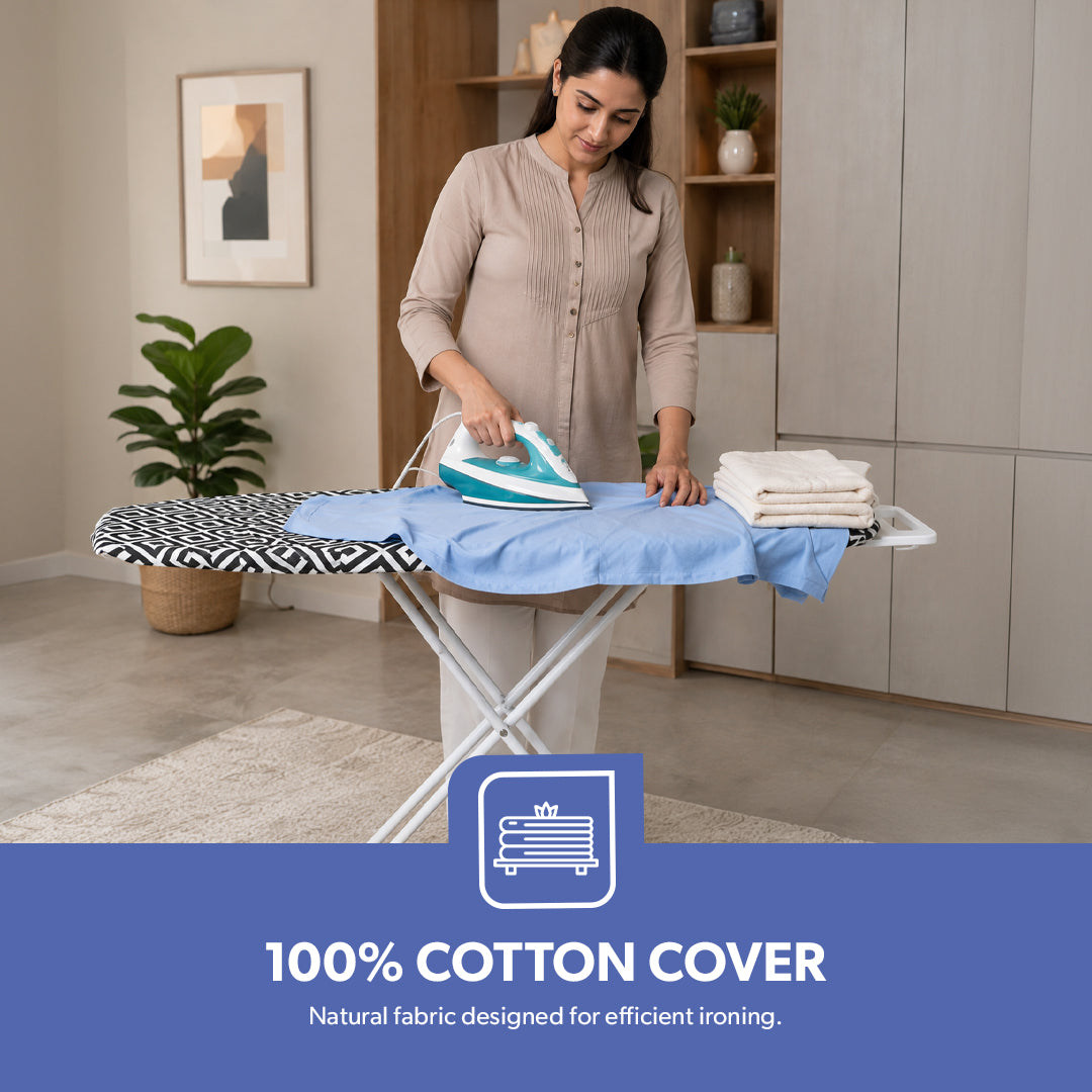 Royalford RF8523 Ironing Board | 100% Cotton Cover | Foldable | Heavy Duty Ironing Board with Foam Padding | Strong Steel Frame for Comfortable Home Laundry Use