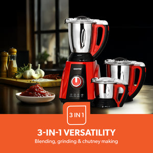 Geepas 3-in-1 Mixer Grinder GSB44040 | 750W Copper Motor, 3 Speed + Pulse Function | 1.5L Blending Jar |  1.5L Grinder Jar & 0.5L Chutney Jar | Wet & Dry Grinding