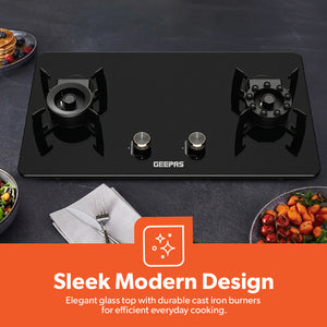 Geepas GGC31068FFD 2-in-1 Built-In Glass Gas Hob with Tempered Glass Platform | Strong Cast Iron Burners | Safety Flame Failure Device and Reliable Auto Piezo Ignition