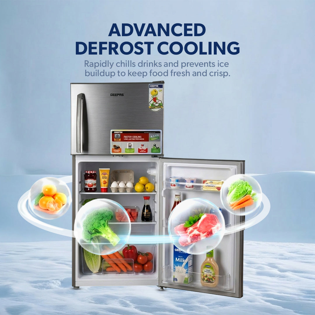 Geepas GRF2209SXE Double Door Defrost Refrigerator | Instant Cooling| Low Noise Operation| Adjustable Temperature Control|  Lock & Key| Silver Finish for Modern Kitchens