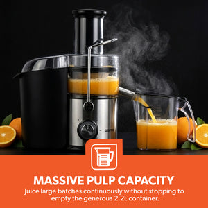 Geepas Juice Extractor GJE5437 | 800W | Wide Feed Tube for Whole Fruits & Vegetables| 2.2L Pulp Container| Stainless Steel Body| Multi-Safety Protection| 2 Years Warranty