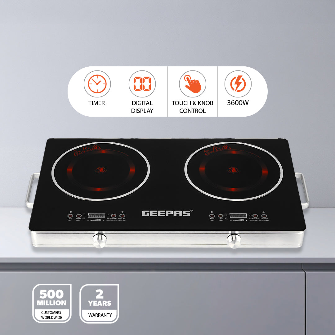 Geepas Digital Infrared Cooker GIC6131 |3600W Double Cooking Hob | Dual Ceramic Plates| Touch & Knob Control| Digital Display| Timer| Safety Protection|  2 Years Warranty