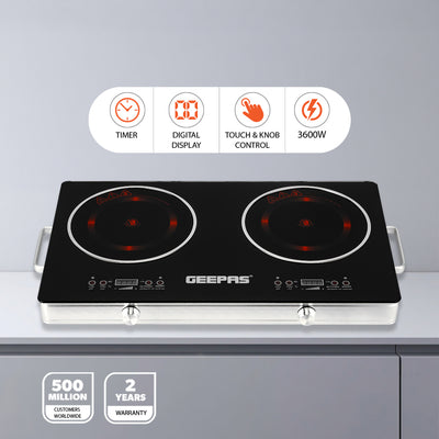Geepas Digital Infrared Cooker GIC6131 |3600W Double Cooking Hob | Dual Ceramic Plates| Touch & Knob Control| Digital Display| Timer| Safety Protection|  2 Years Warranty