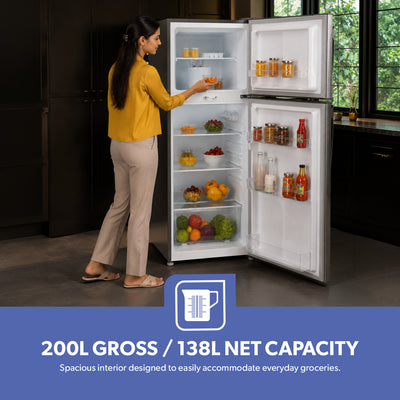 Geepas GRF2209SXE 200L Double Door Defrost Refrigerator | Instant Cooling |138L Net Capacity | Adjustable temperature control | tempered glass shelves | R600a refrigerant