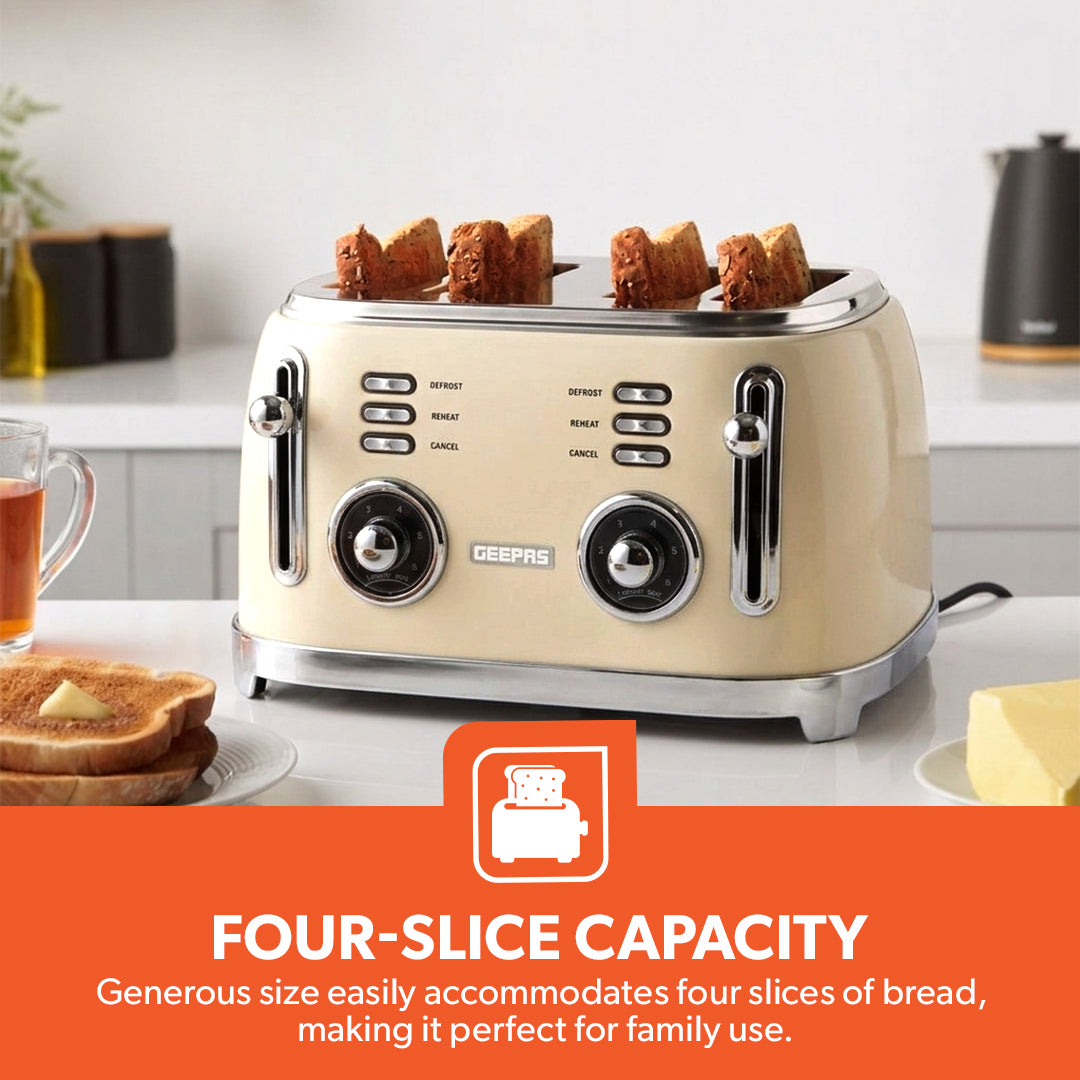 Geepas 4 Slice Toaster GBT36564UK-CR | 1500W Powerful Toaster with 6 Adjustable Browning Levels, Defrost, Reheat & Cancel Functions, Removable Crumb Tray, Cord Storage