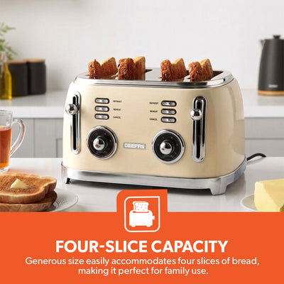 Geepas 4 Slice Toaster GBT36564UK-CR | 1500W Powerful Toaster with 6 Adjustable Browning Levels, Defrost, Reheat & Cancel Functions, Removable Crumb Tray, Cord Storage