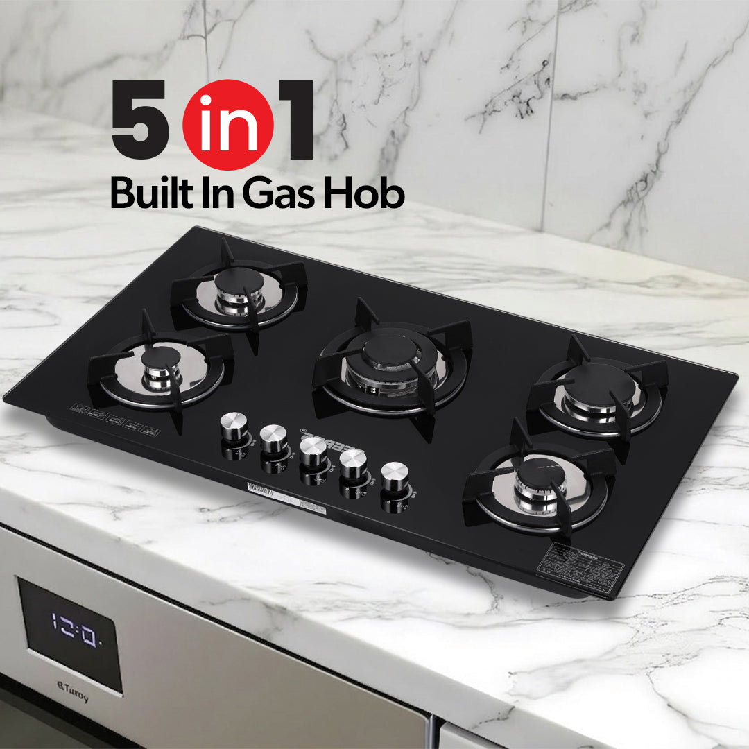 Geepas Glass Gas Hob GGC31011 | 5 Burner Gas Stove with Auto Ignition| Toughened Glass Surface| Cast Iron Pan Support & Powerful Triple Ring Wok Burner| 2 Years Warranty