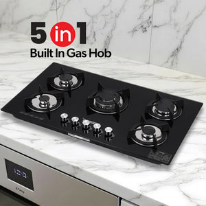 Geepas Glass Gas Hob GGC31011 | 5 Burner Gas Stove with Auto Ignition| Toughened Glass Surface| Cast Iron Pan Support & Powerful Triple Ring Wok Burner| 2 Years Warranty