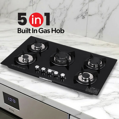 Geepas Glass Gas Hob GGC31011 | 5 Burner Gas Stove with Auto Ignition| Toughened Glass Surface| Cast Iron Pan Support & Powerful Triple Ring Wok Burner| 2 Years Warranty