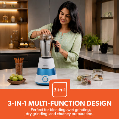 Geepas GSB44094 750W 3-in-1 Mixer Grinder | 1.5L Stainless Steel Jar Mixer | Stainless Steel Blades | Overload Protection  | Durable ABS Plastic Body |Stable Base Design