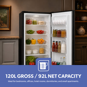 Geepas GRF1212BXE 120L Single Door Mini Defrost Refrigerator| 92L Net Capacity |Quick Cooling Technology | Low Noise Operation | Low Voltage Protection |1-Year r Warranty