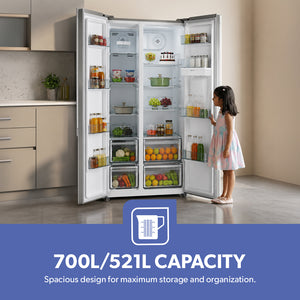 Geepas GRFS6622SWXHN Side by Side Refrigerator | 700L Gross Capacity | Inverter Compressor | Inverter Compressor |4 crystal drawers |R600a refrigerant | 1-Year Warranty