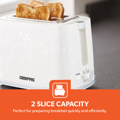 Geepas GBT36555UK-WT Skye Collection 2 Slice Toaster with 7 Browning Settings | Removable Crumb Tray | Cord Storage |Cancel Function & Marble Effect Finish for Kitchens