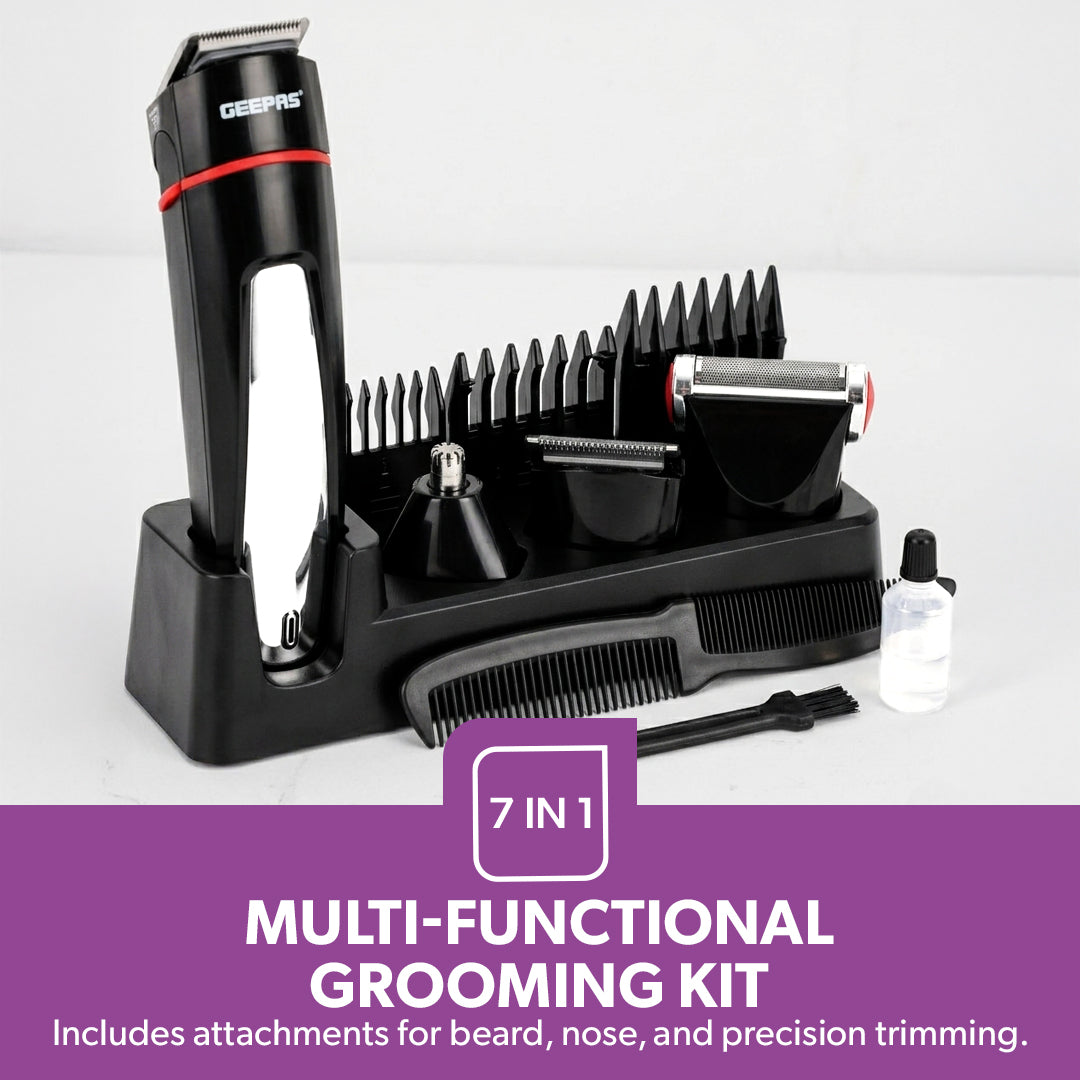 Geepas GTR8128 7-in-1 Grooming Kit with Precision Trimmer | USB & Type-C Charging | 600mAh Li-ion Battery | Multi-Function Beard Hair Trimmer for Men Grooming Use