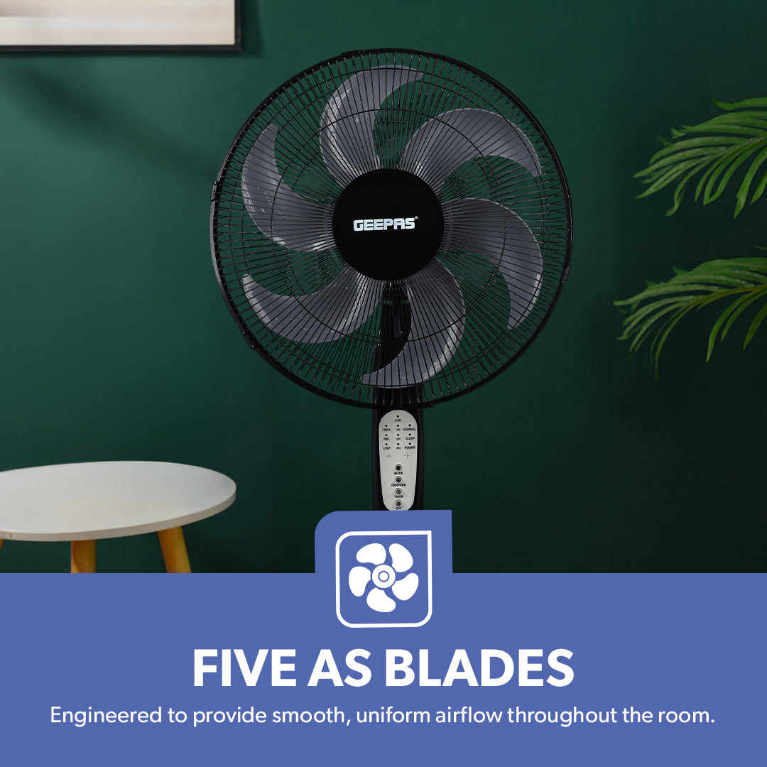 Geepas GF21112 16 Inch Stand Fan with Remote Control | 60W Power| 3 Speed Settings| 5 Durable AS Blades| 7.5 Hour Timer| Wide Oscillation Function| 2 Years Warranty
