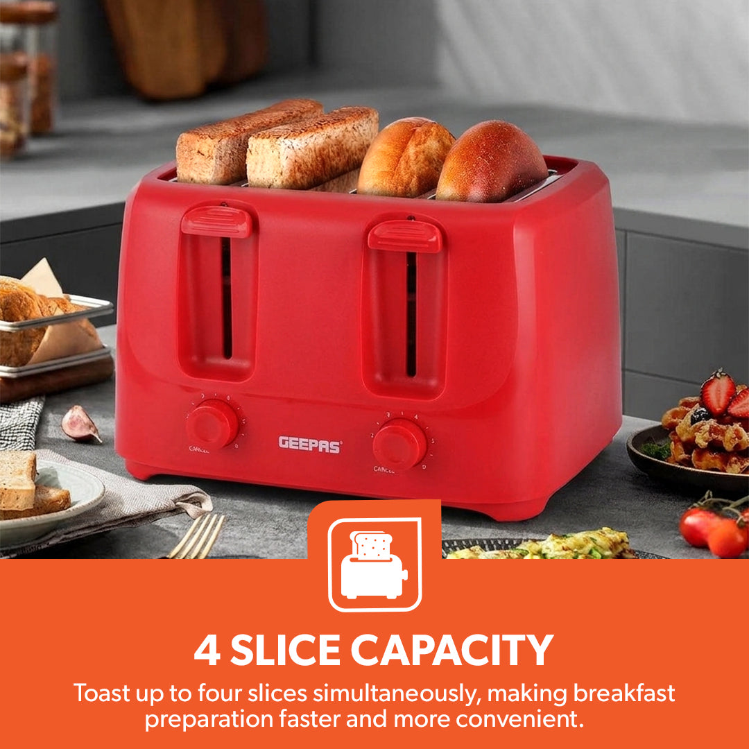 Geepas GBT36549UK-RD 4 Slice Bread Toaster 1400W with 6 Browning Settings | Self-Centering Function | Removable Crumb Tray and Convenient Cord Storage | Easy to Use