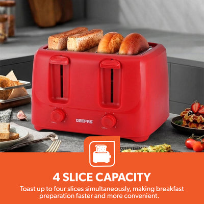 Geepas GBT36549UK-RD 4 Slice Bread Toaster 1400W with 6 Browning Settings | Self-Centering Function | Removable Crumb Tray and Convenient Cord Storage | Easy to Use