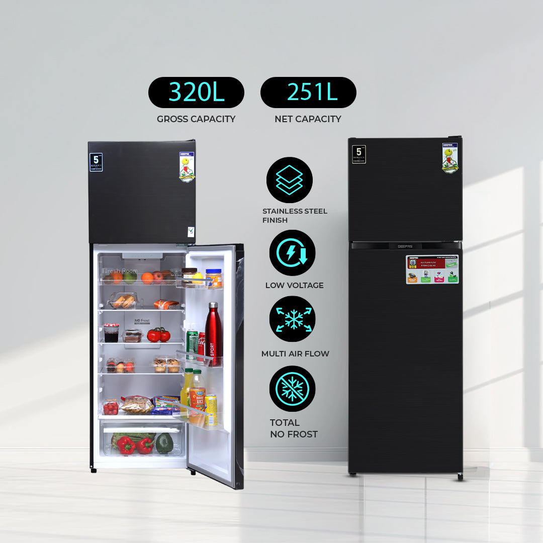 Geepas GRF3207SSXXN No Frost Double Door Refrigerator with Inverter Technology | Multi Air Flow  | Twist Ice Maker | Large Storage Capacity | Stainless Steel Finish