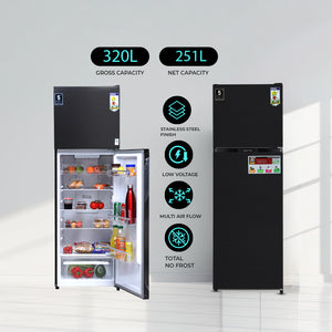Geepas GRF3207SSXXN No Frost Double Door Refrigerator with Inverter Technology | Multi Air Flow  | Twist Ice Maker | Large Storage Capacity | Stainless Steel Finish