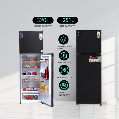 Geepas GRF3207SSXXN No Frost Double Door Refrigerator with Inverter Technology | Multi Air Flow  | Twist Ice Maker | Large Storage Capacity | Stainless Steel Finish