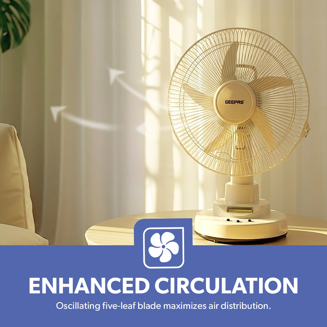 Geepas GF21118 Rechargeable 12-Inch Oscillating Fan | 3-Speed Control | LED Light | Long Battery Backup | Portable Design for Home & Outdoor Use | 2 Years Warranty