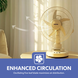 Geepas GF21118 Rechargeable 12-Inch Oscillating Fan | 3-Speed Control | LED Light | Long Battery Backup | Portable Design for Home & Outdoor Use | 2 Years Warranty