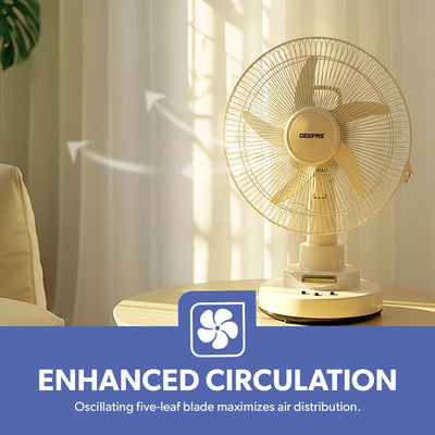 Geepas GF21118 Rechargeable 12-Inch Oscillating Fan | 3-Speed Control | LED Light | Long Battery Backup | Portable Design for Home & Outdoor Use | 2 Years Warranty