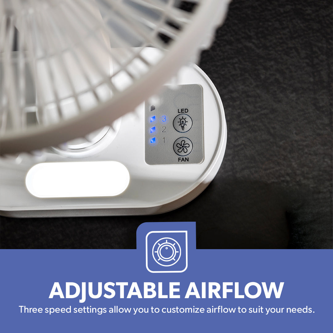 Geepas GF21157 8-Inch Rechargeable Fan with LED Night Light |Features 3-speed control |9-hour runtime |lithium battery |3 Blade Fan with Adjustable Head| portable design