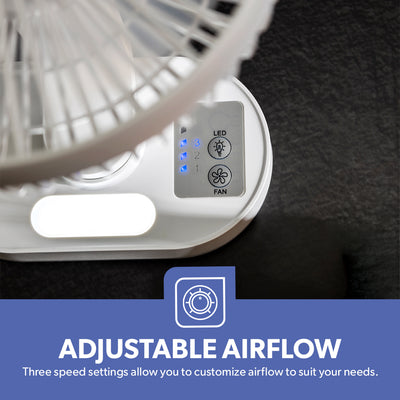 Geepas GF21157 8-Inch Rechargeable Fan with LED Night Light |Features 3-speed control |9-hour runtime |lithium battery |3 Blade Fan with Adjustable Head| portable design
