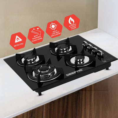 Geepas GGC31050FFD Built-in Glass Gas Hob | 4  Burners | Auto Ignition System | Flame Failure Safety Device (FFD) | Durable Design | Energy Efficient | 2 Years Warranty