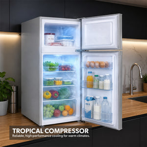 Geepas GRF1259GPE 125L Double Door Refrigerator |85L Net Capacity |double door design |High-performance tropical compressor |Adjustable thermostat |tempered glass shelves