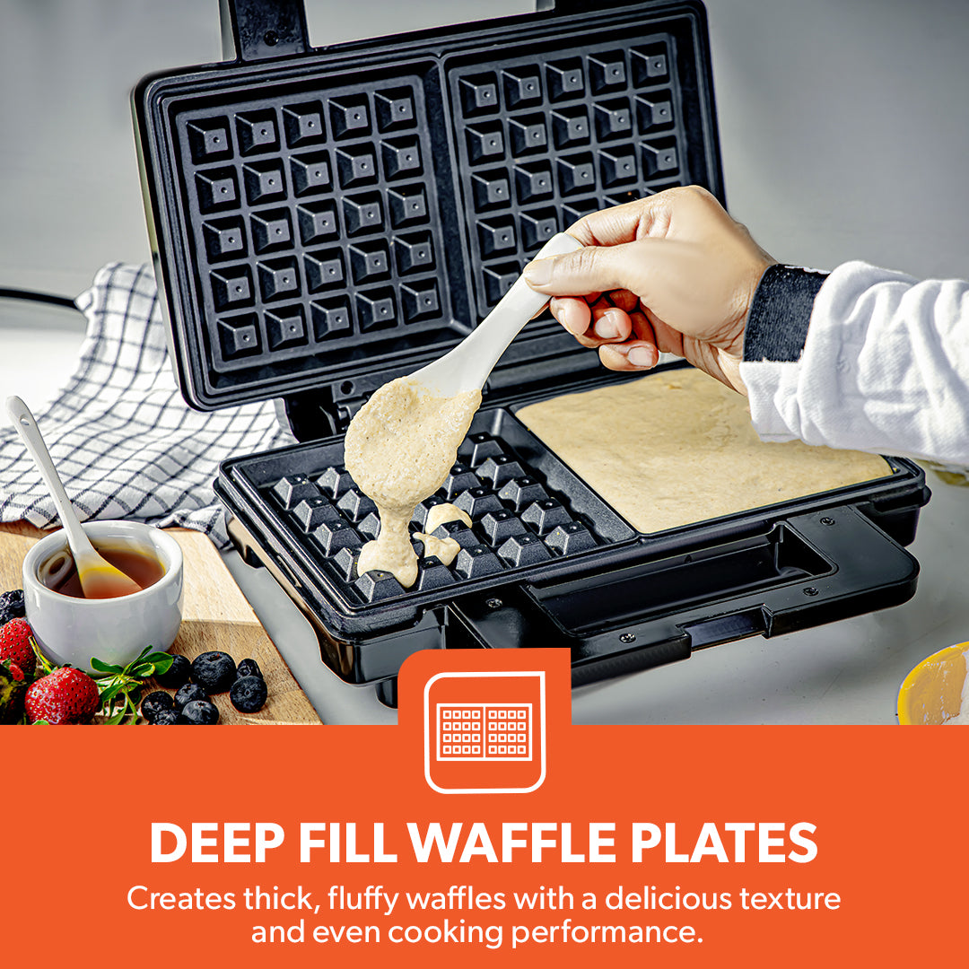 Geepas GWM36545UK Deep Fill Waffle Maker | 1000W with Non-Stick Cooking Plates | Power and Ready Indicator Lights | Easy Clean Design and Compact Storage |Durable