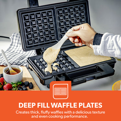 Geepas GWM36545UK Deep Fill Waffle Maker | 1000W with Non-Stick Cooking Plates | Power and Ready Indicator Lights | Easy Clean Design and Compact Storage |Durable