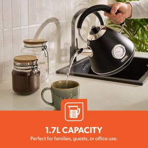 Geepas GK38073UK-BK Stainless Steel Cordless Kettle | Powerful 3000W Heating | 1.7L Large Capacity | Boil Dry Protection | Auto Shut-Off | 360° Rotating Base Design