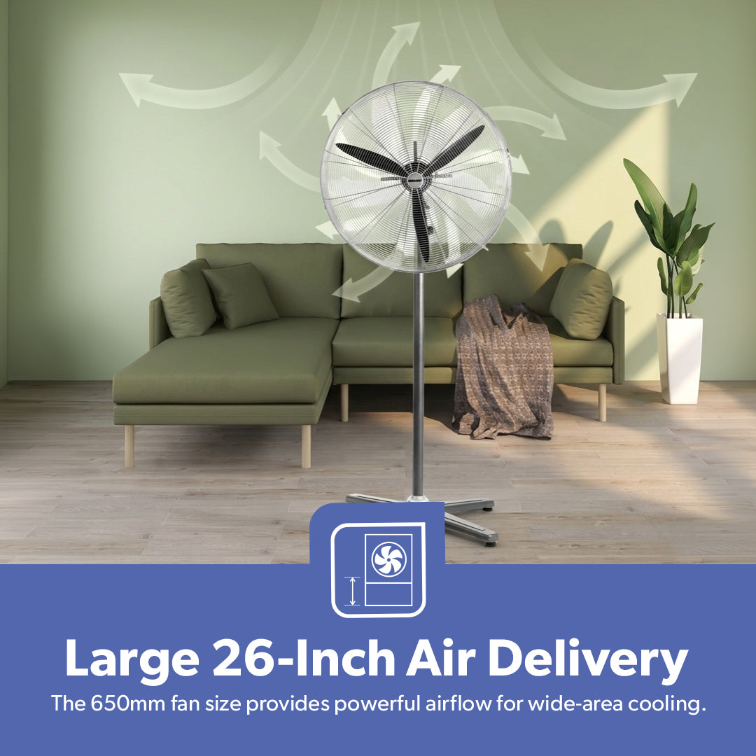 Geepas GF21198 26 Inch Industrial Pedestal Fan | 210W Copper Motor | 650mm 3 Metal Blade Fan with Oscillation | 3 Speeds| Adjustable Height | Heavy Duty Cooling Airflow