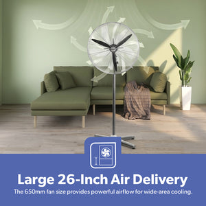 Geepas GF21198 26 Inch Industrial Pedestal Fan | 210W Copper Motor | 650mm 3 Metal Blade Fan with Oscillation | 3 Speeds| Adjustable Height | Heavy Duty Cooling Airflow