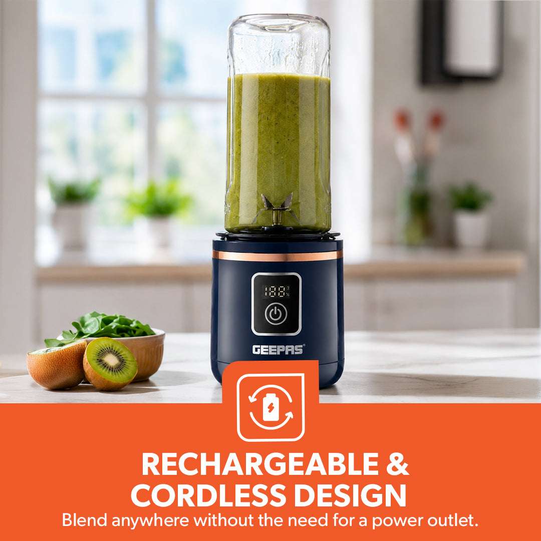 Geepas GSB44058 Rechargeable Portable Blender | 420ml USB Smoothie Blender c Powerful 150W Motor | Digital Battery Display  | USB Type-C Charging | One-Touch Operation