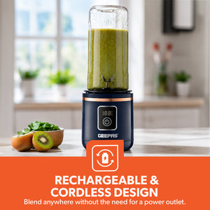 Geepas GSB44058 Rechargeable Portable Blender | 420ml USB Smoothie Blender c Powerful 150W Motor | Digital Battery Display  | USB Type-C Charging | One-Touch Operation