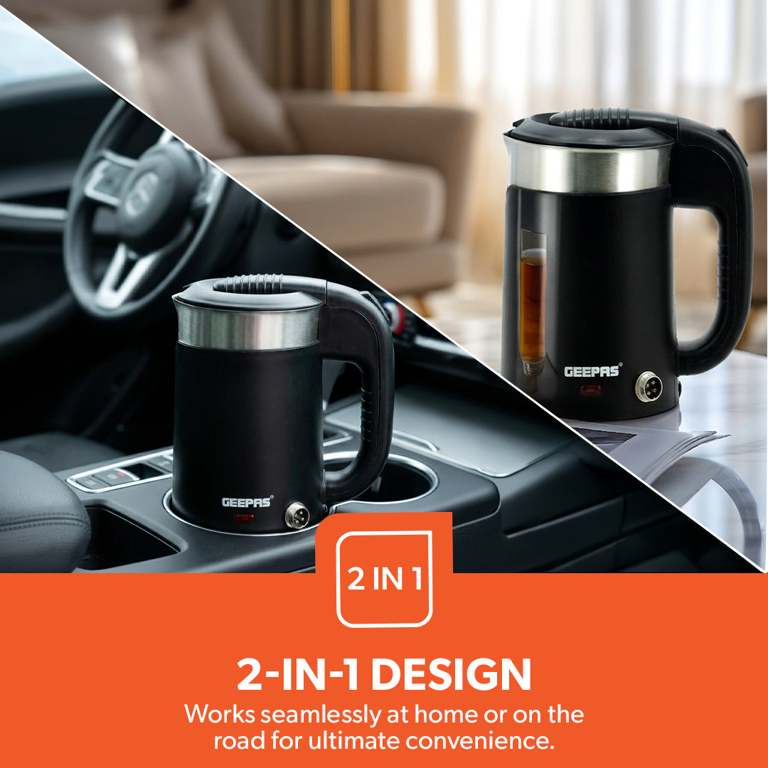 2-in-1 Double Layer Traveller's Kettle, 0.5L Kettle, GK38055 | 12V Portable Electric Car Kettle | Stainless Steel Coffee Mug with Cigarette Lighter Charger