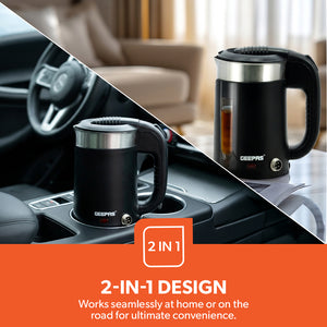 2-in-1 Double Layer Traveller's Kettle, 0.5L Kettle, GK38055 | 12V Portable Electric Car Kettle | Stainless Steel Coffee Mug with Cigarette Lighter Charger