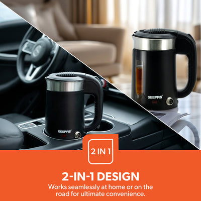 2-in-1 Double Layer Traveller's Kettle, 0.5L Kettle, GK38055 | 12V Portable Electric Car Kettle | Stainless Steel Coffee Mug with Cigarette Lighter Charger