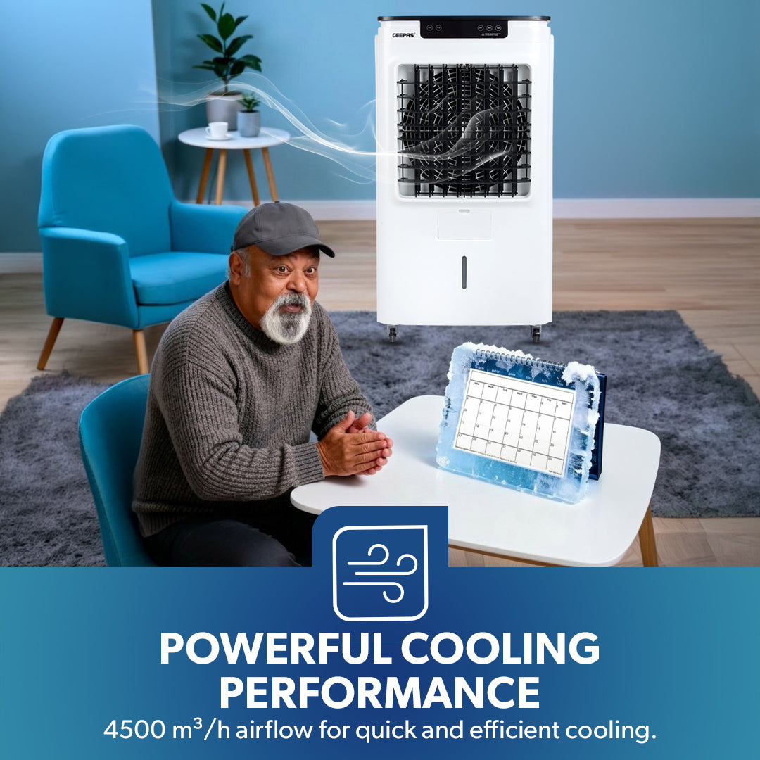 Geepas GAC9495 Digital Air Cooler | 45L Large Water Tank |  3 Adjustable Wind Speeds|  Powerful 4500m³/h Airflow |  Energy Efficient Cooling System |  2 Years Warranty