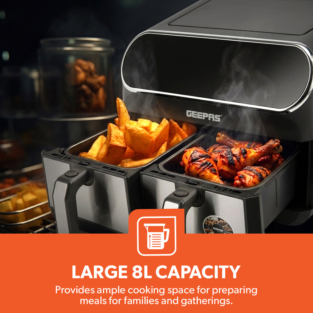 Geepas GAF37535UK Digital Air Fryer | 8L Dual Basket with LED Display |  Touch Control Panel |   60 Minute Timer |  Healthy Oil and  Fat Free Cooking Technology