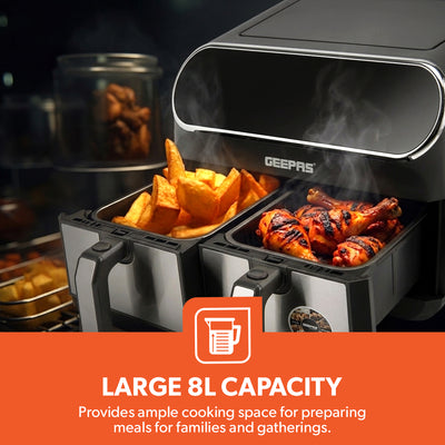 Geepas GAF37535UK Digital Air Fryer | 8L Dual Basket with LED Display |  Touch Control Panel |   60 Minute Timer |  Healthy Oil and  Fat Free Cooking Technology