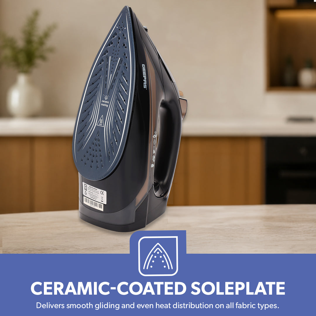 Geepas GSI7801  2400W Ceramic Steam Iron | Self-Cleaning Steam Iron | Ceramic-Coated Soleplate | Powerful Steam Boost | Three Ironing Modes |Vertical Steam Function