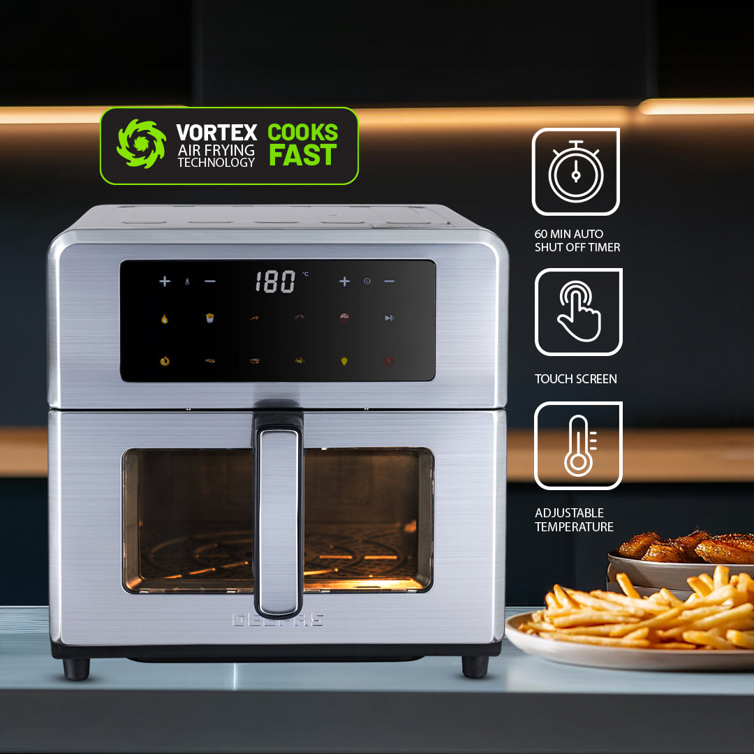 Geepas GAF37546 10L Digital Double Heating Air Fryer | Advanced Vortex Rapid Air Technology |10 Preset Cooking Modes |Touchscreen Display|60-Min Timer & Oil-Free  Cooking